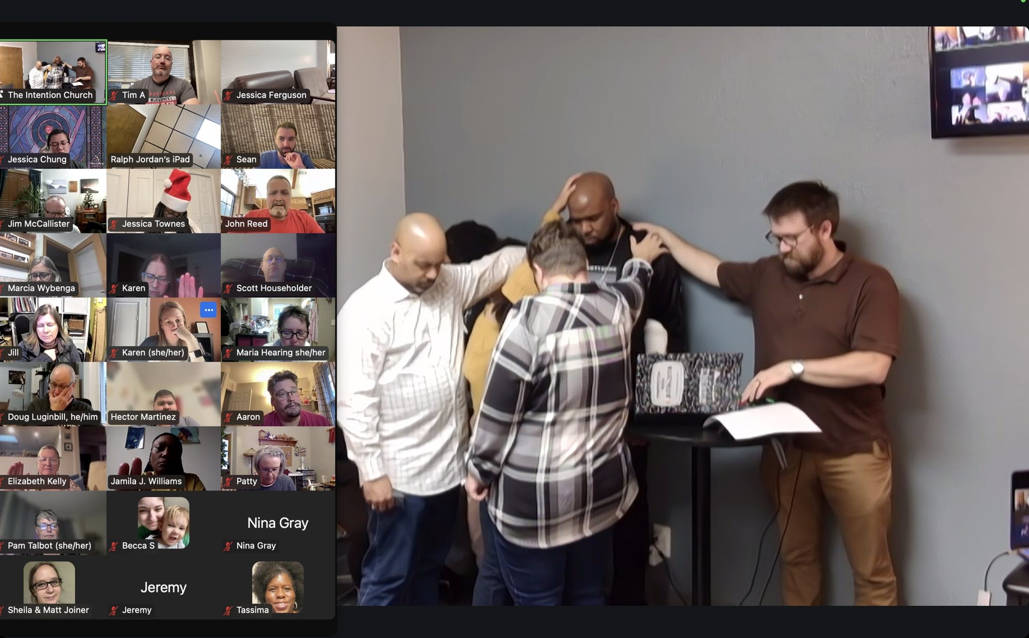 The Intention Church praying together in person and on a video call